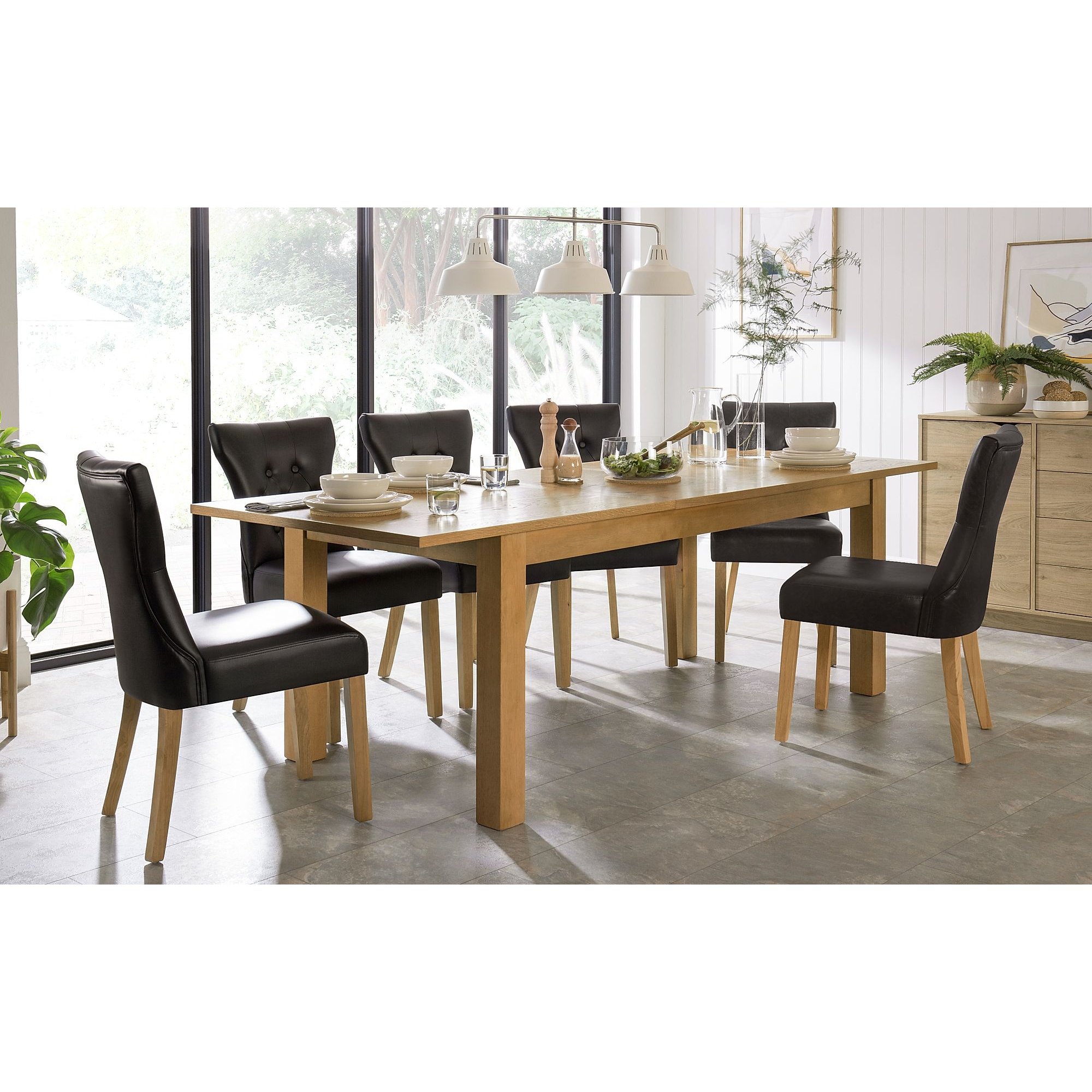 Hamilton 180-230cm Oak Extending Dining Table with 6 Bewley Black Leather Chairs