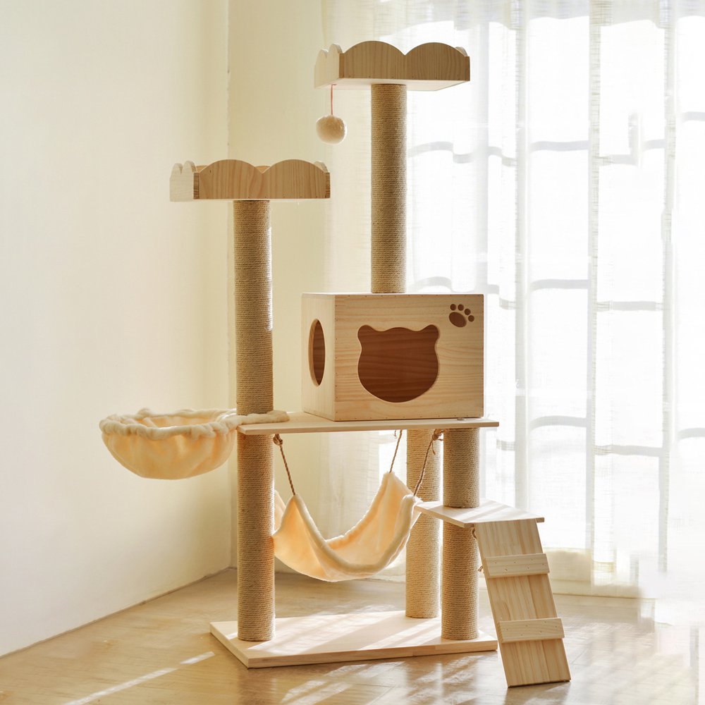 1500mm Solid Wood Cat Tree Condo Multiple Tiers Cat House & Step with Teasing Toy
