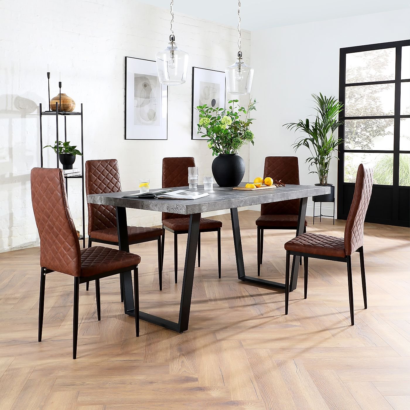 Addison 200cm Concrete Dining Table with 8 Renzo Tan Leather Chairs