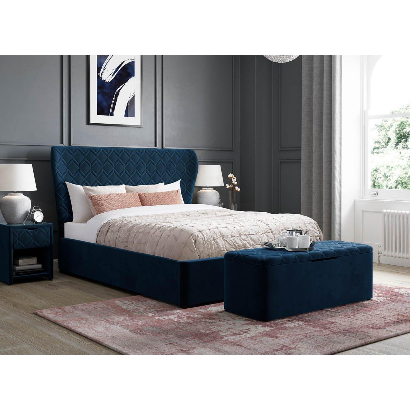 Neva Velvet-Finish Ottoman Bed Frame - 4'6 Double - Blue