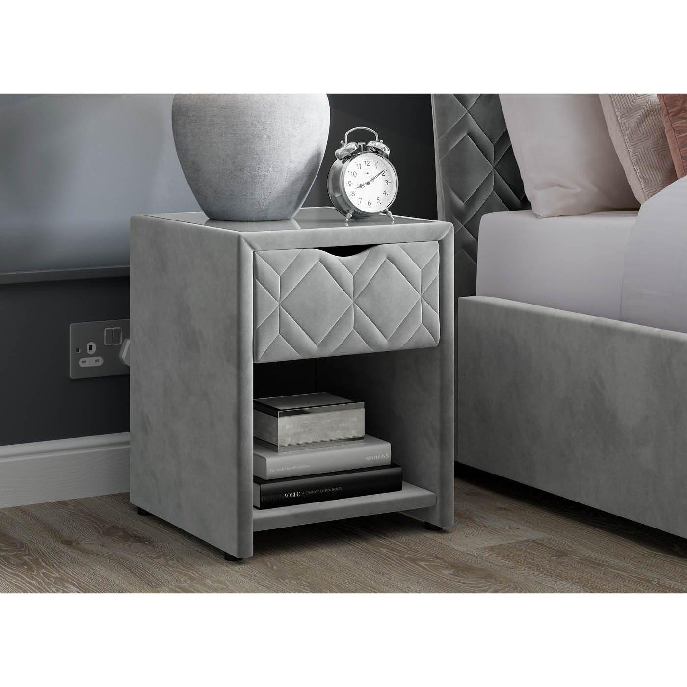 Neva Velvet-Finish USB Charging Bedside Table - Grey