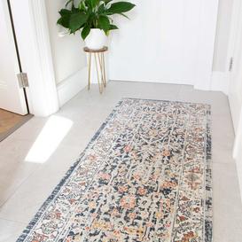 Blue Traditional Distressed Flat Low Pile Hall Runner Rug - Abella