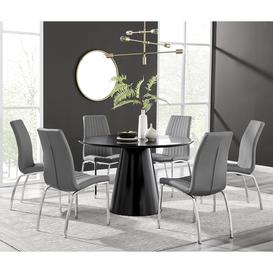 Palma Black Semi Gloss Round Dining Table & 6 Grey Isco Chairs