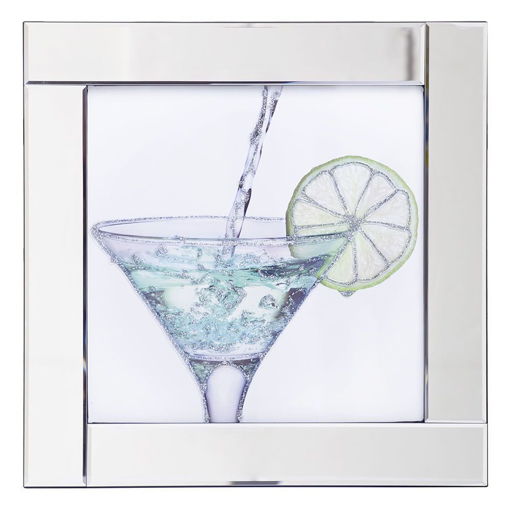 Square Mirror Picture Frame with Glittered Cocktail Glass Illustration - Silver