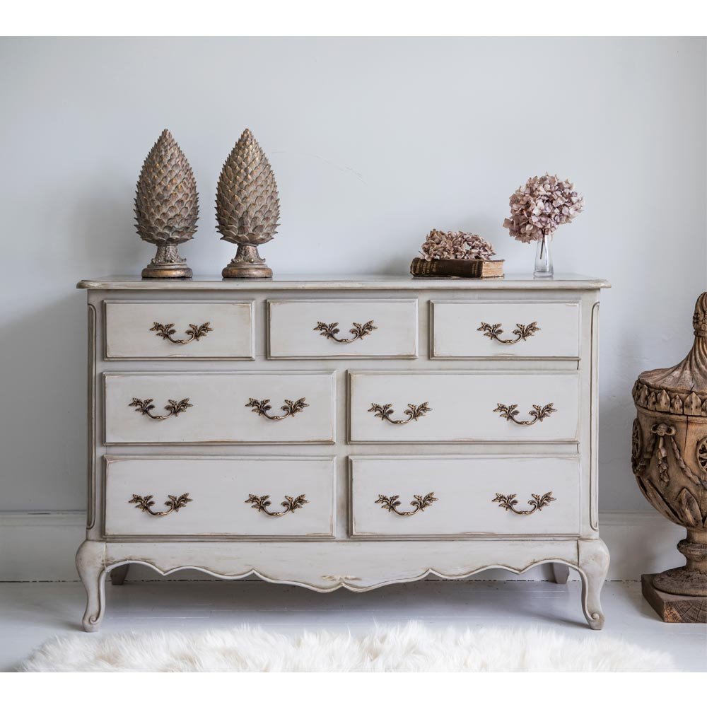 Normandy 7-Drawer Shabby Chic Chest of Drawers - Handmade French Style Chest of Drawers in Pale Stone with Seven Drawers