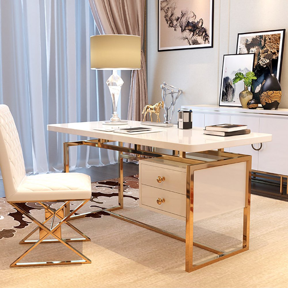 1500mm White Writing Desk Modern Computer Desk with 2-Drawer in Gold