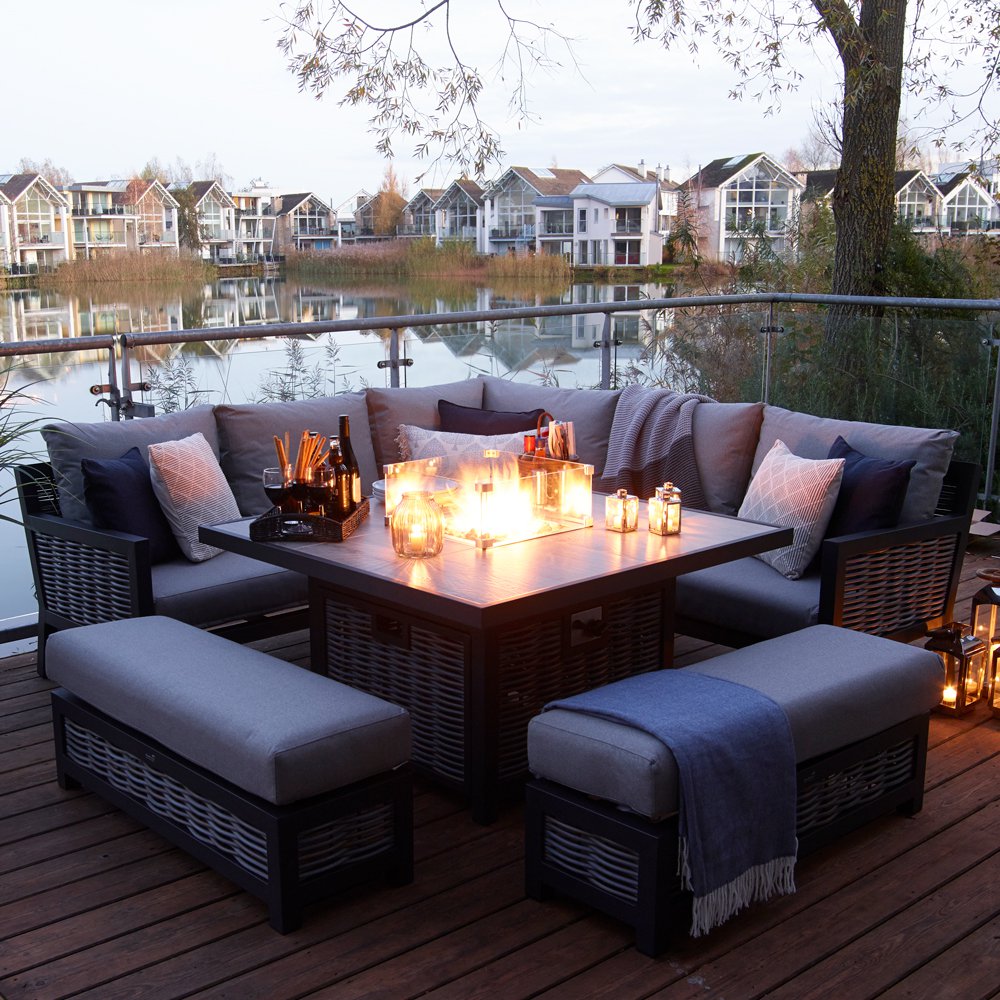 Bramblecrest Portofino Garden Sofa Set With Square Fire Pit Dining Table & 2 Benches