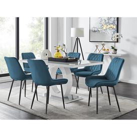 "Giovani 6 Grey Dining Table & 6 Blue Pesaro Black Leg Chairs "