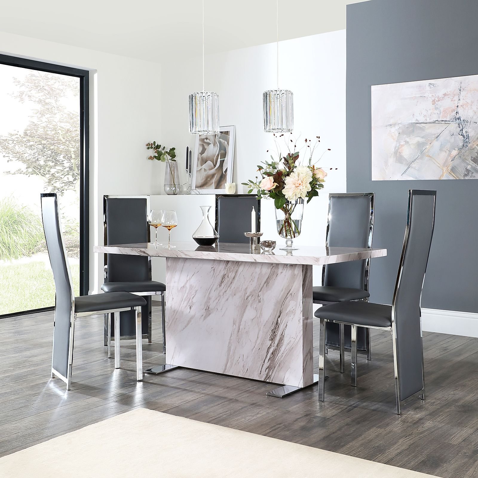 Magnus Grey Marble Dining Table with 6 Celeste Grey Leather Chairs by ...