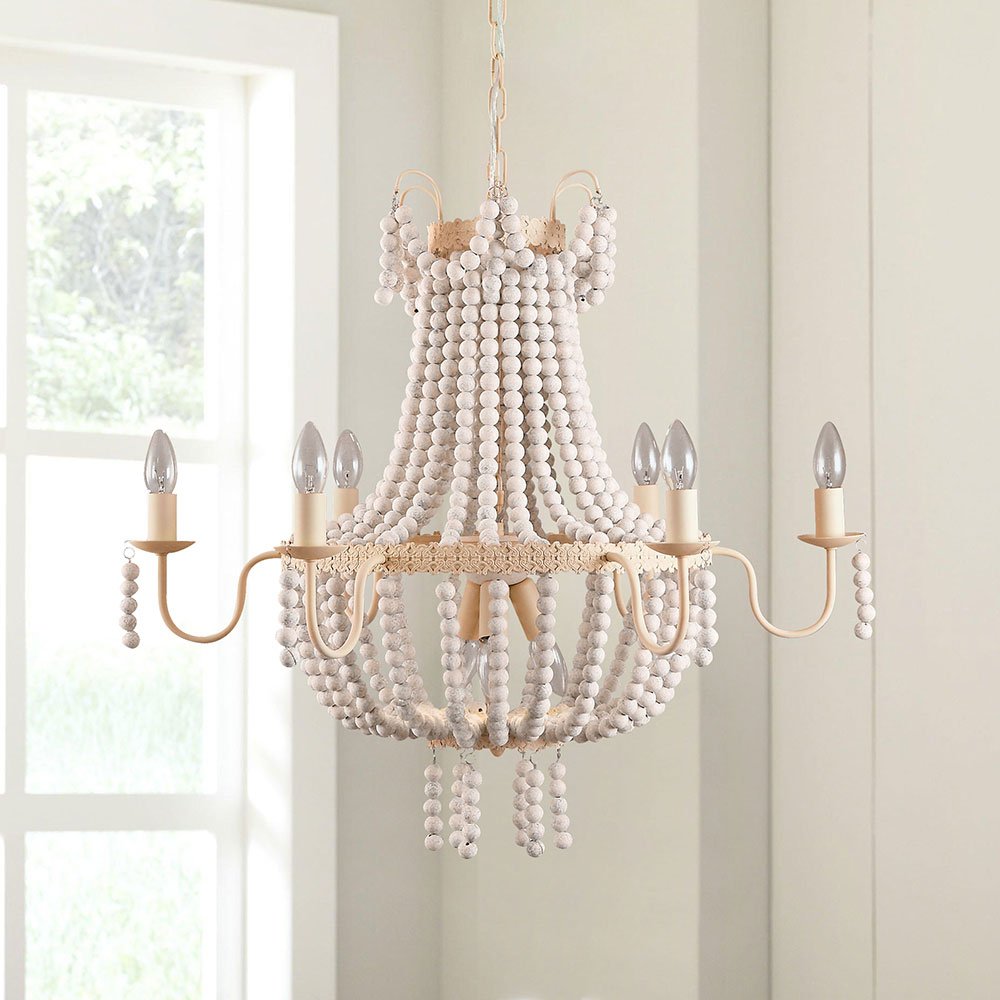 Regas Classic Distressed Wood Beaded 9-Light Beige Metal Chandelier