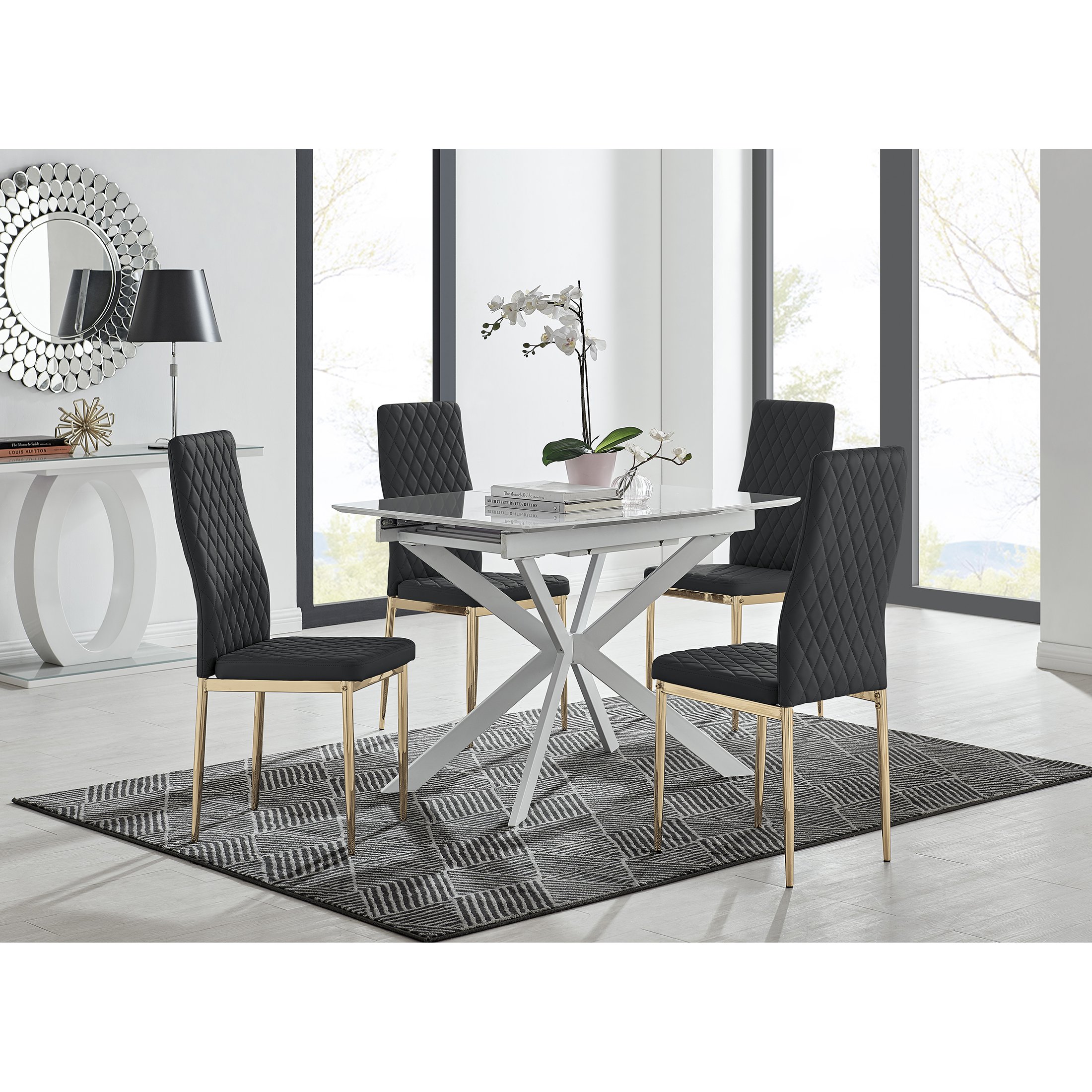 Furniturebox UK Florini V Modern Grey Glass And Chrome Metal Stylish Dining Table And 6 Stylish Milan Dining Chairs Set Dining Table + 6 Cappuccino Milan Chairs