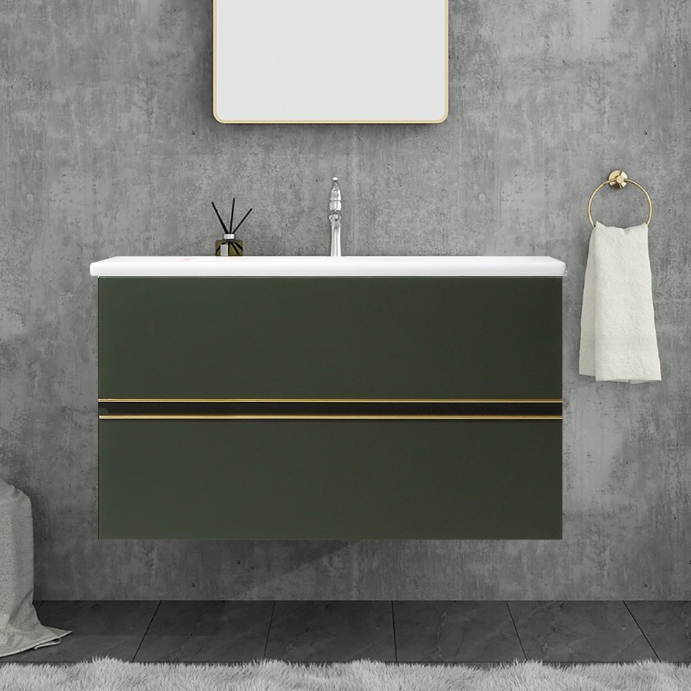 1010mm Dark Green Floating Stone Top Bathroom Vanity with Undermount Basin & 2 Drawers
