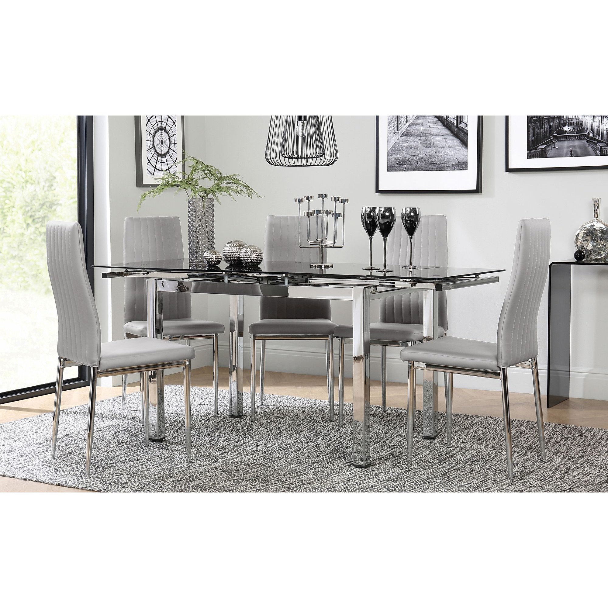 Space Chrome and Black Glass Extending Dining Table with 6 Leon Light Grey Leather Chairs