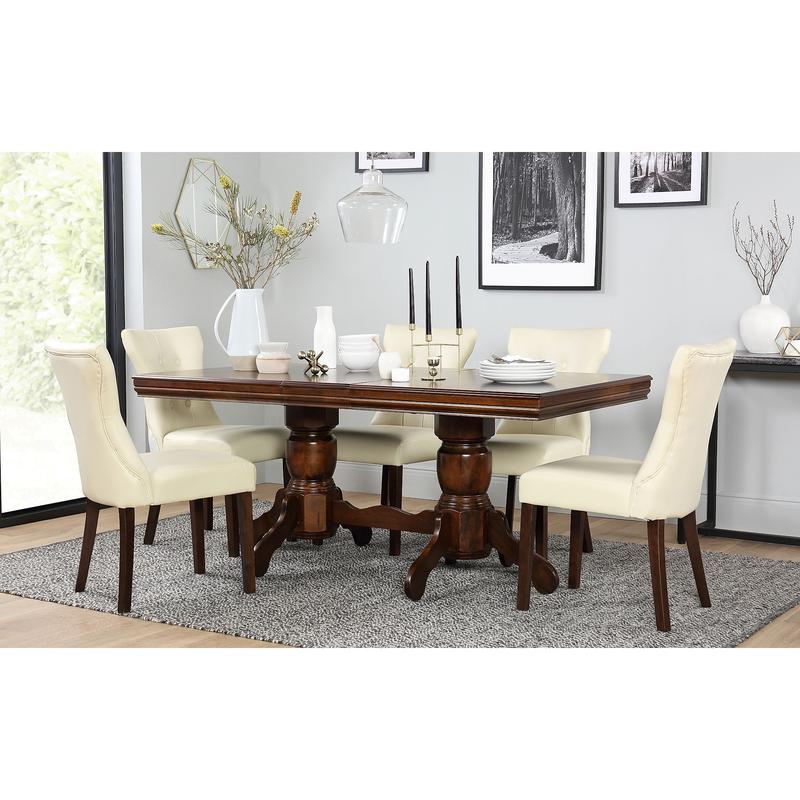 Chatsworth Dark Wood Extending Dining Table with 6 Bewley Ivory Leather