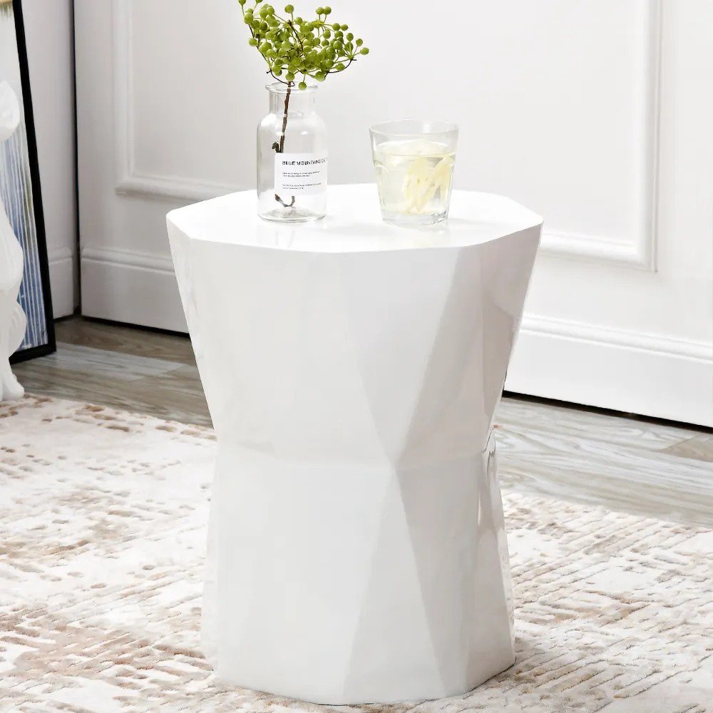 Modern White End Table Fiber Glass Living Room Geometric Design