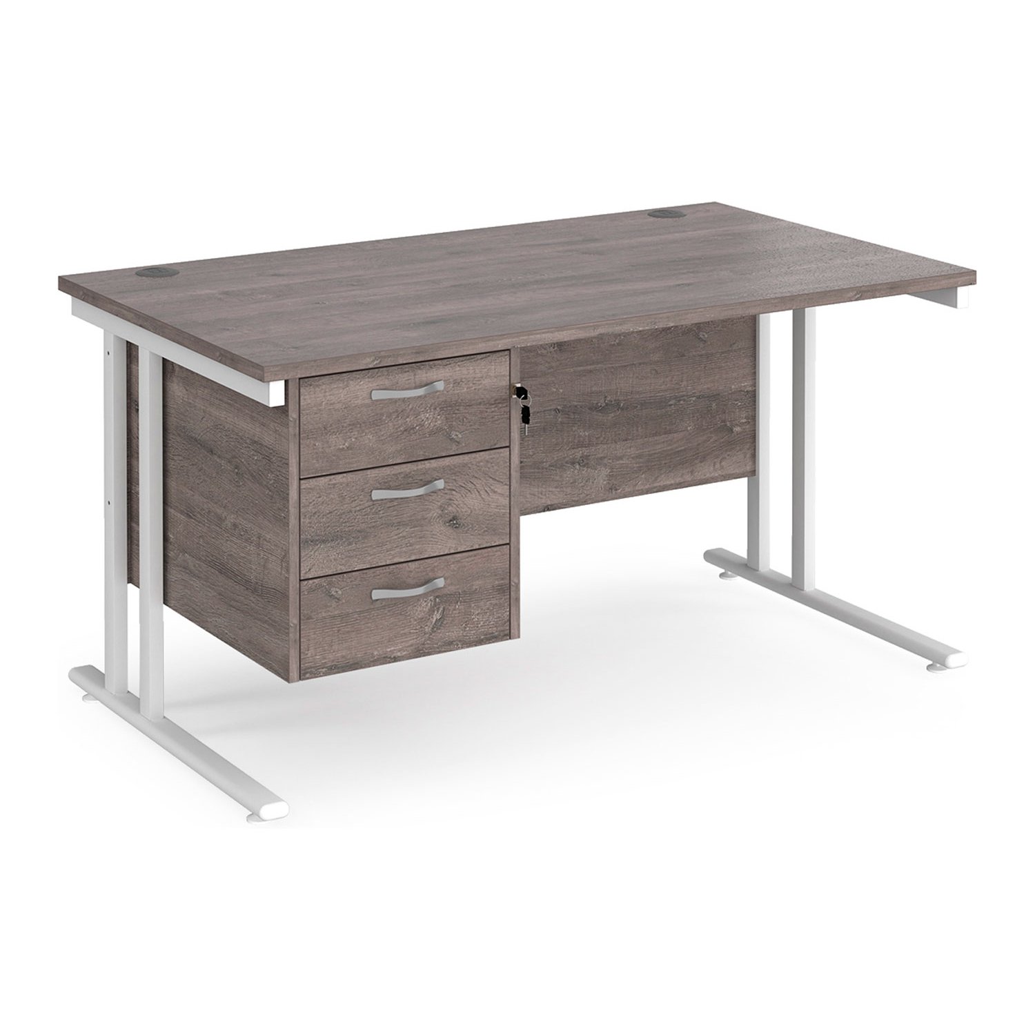 Value Line Deluxe C-Leg Rectangular Desk 3 Drawers (White Legs), 140wx80dx73h (cm), Grey Oak