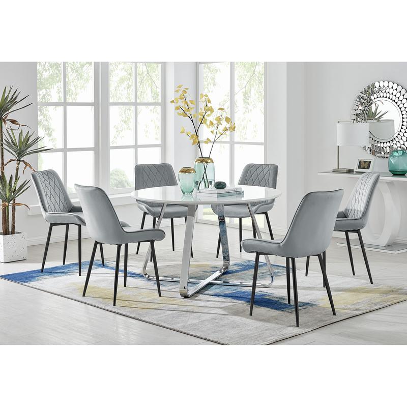 "Santorini White Round Dining Table And 6 Grey Pesaro Black Leg Chairs