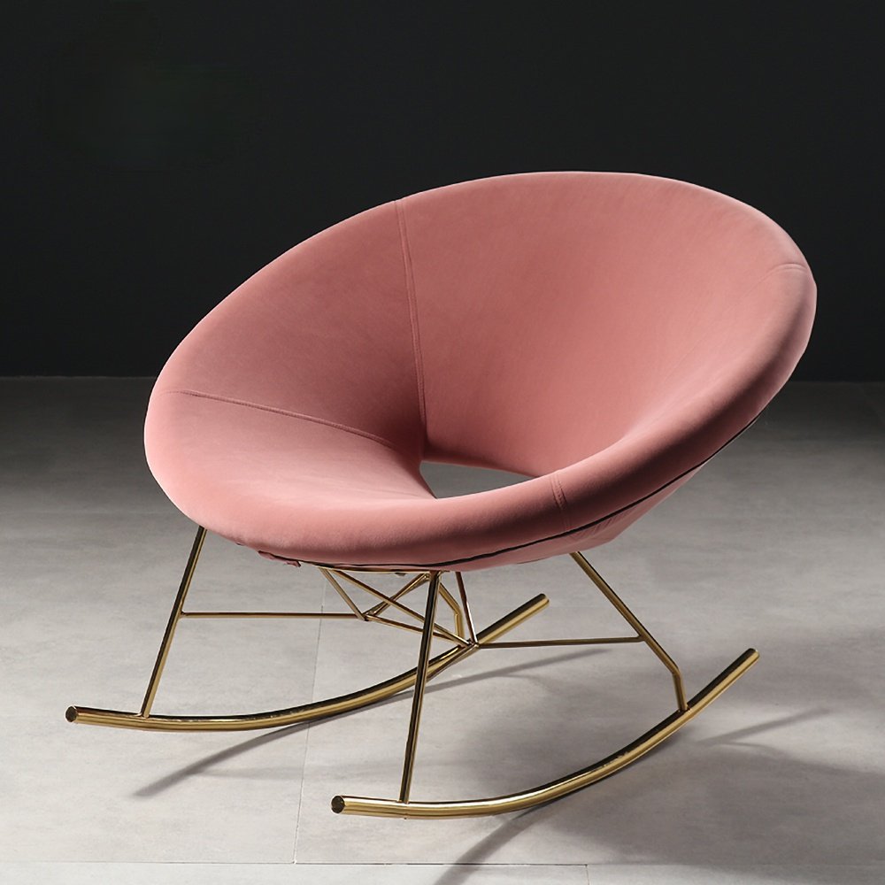 Pink Velvet Rocking Chair Round Egg Chair with Metal Legs in Gold