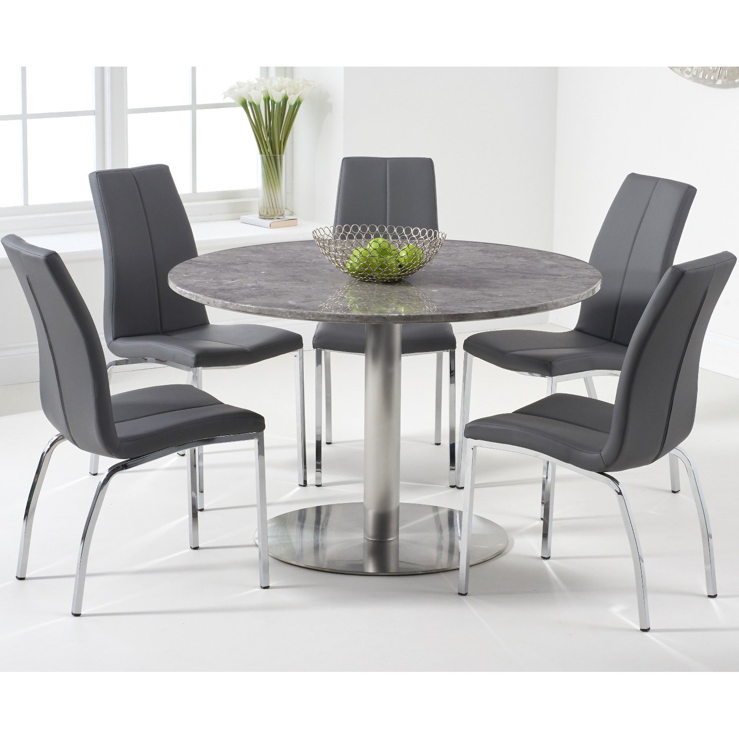 Bali 120cm Round Grey Marble Effect Dining Table With 2 Grey Cavello Dining Chairs