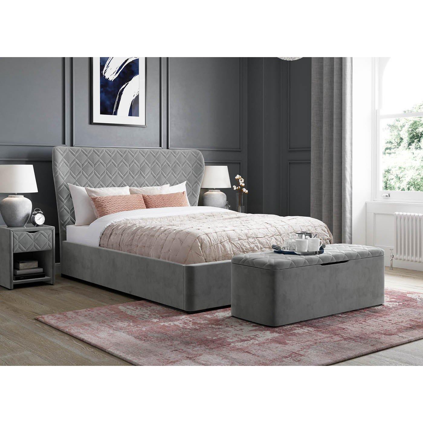 Neva Velvet-Finish Ottoman Bed Frame - 6'0 Super King - Grey