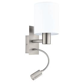 Eglo 96477 Pasteri Two Light Wall Light In Satin Nickel With White Shade With LED Reading Light
