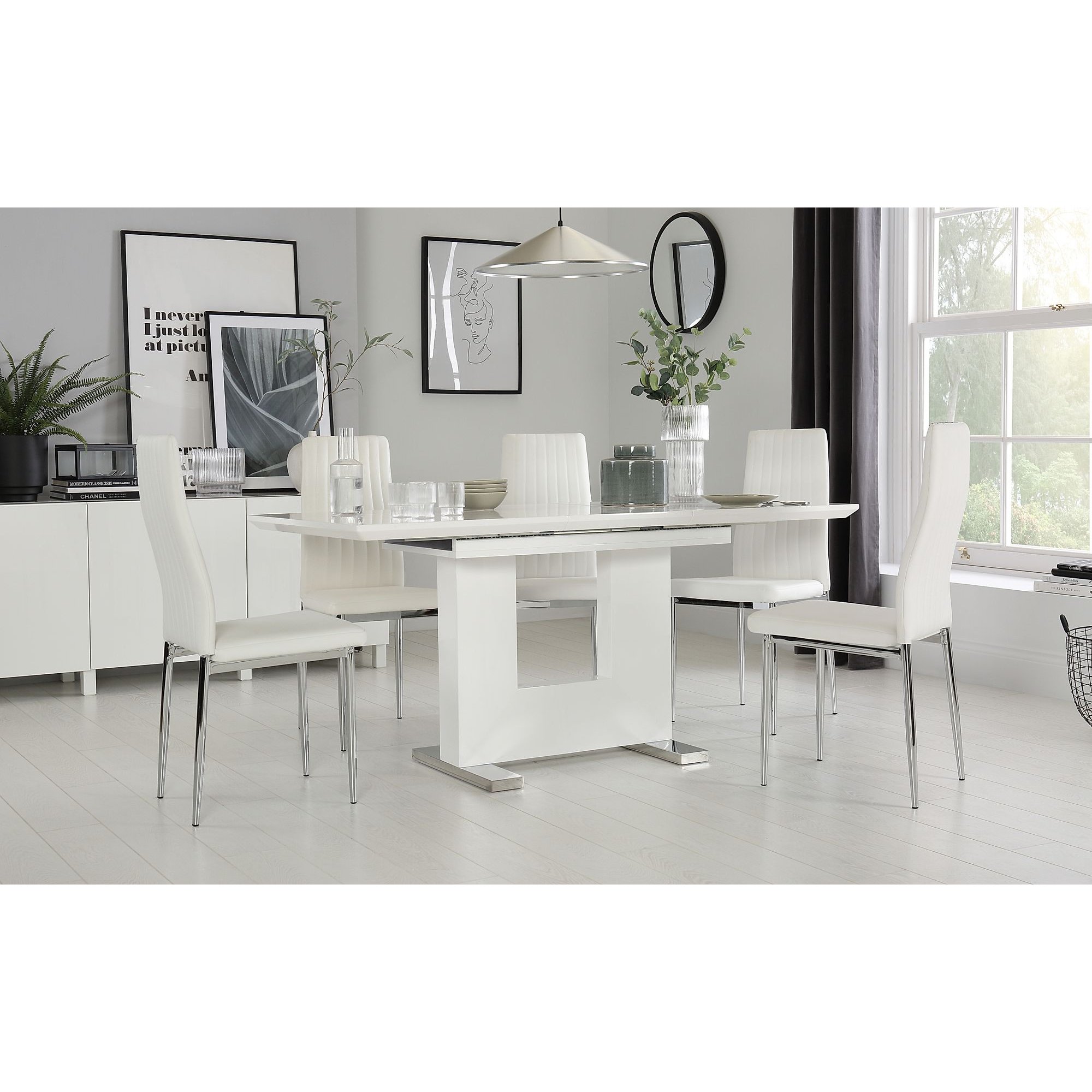 Florence White High Gloss Extending Dining Table with 4 Leon White