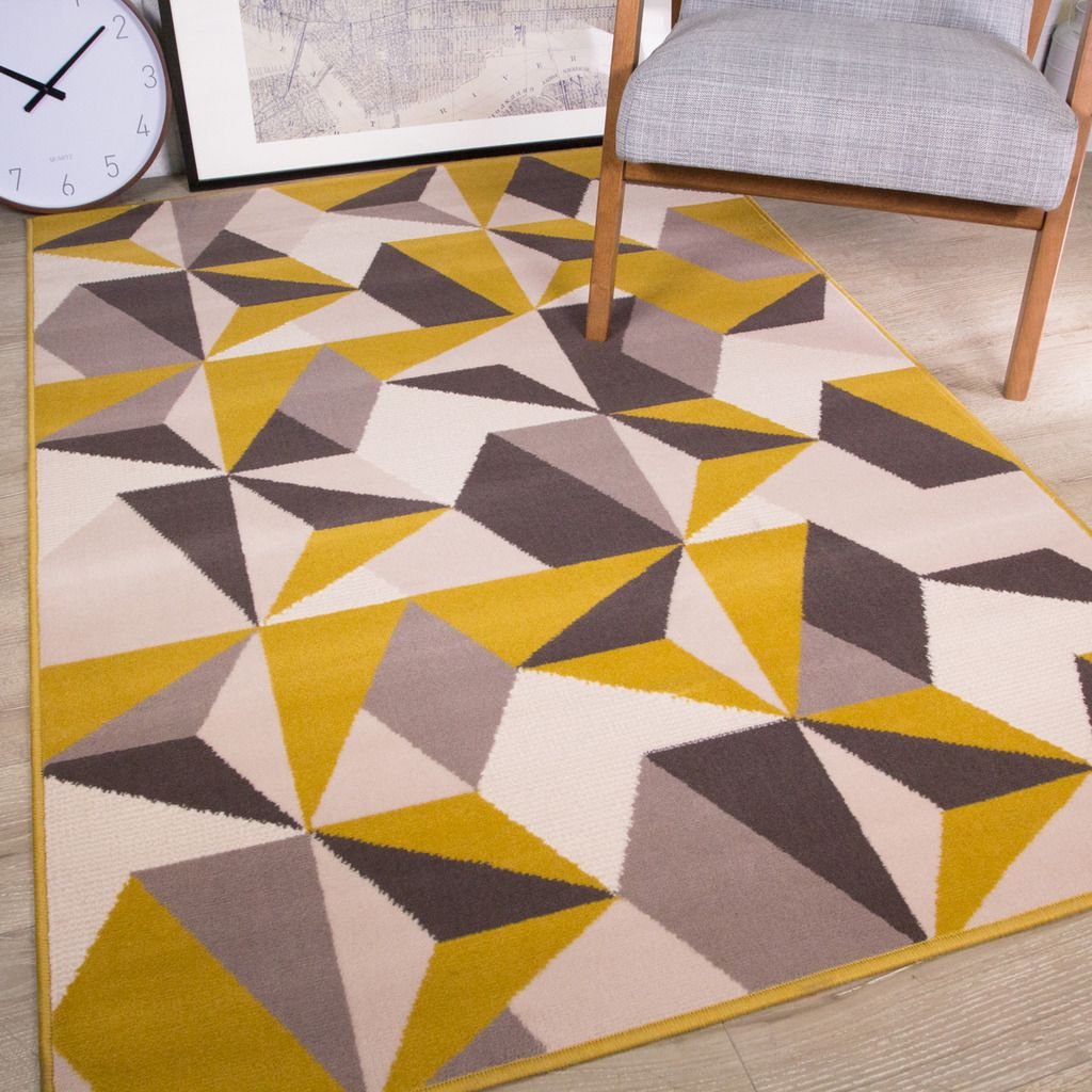 Geometric Yellow and Grey Rug - Milan - 60cm x 110cm