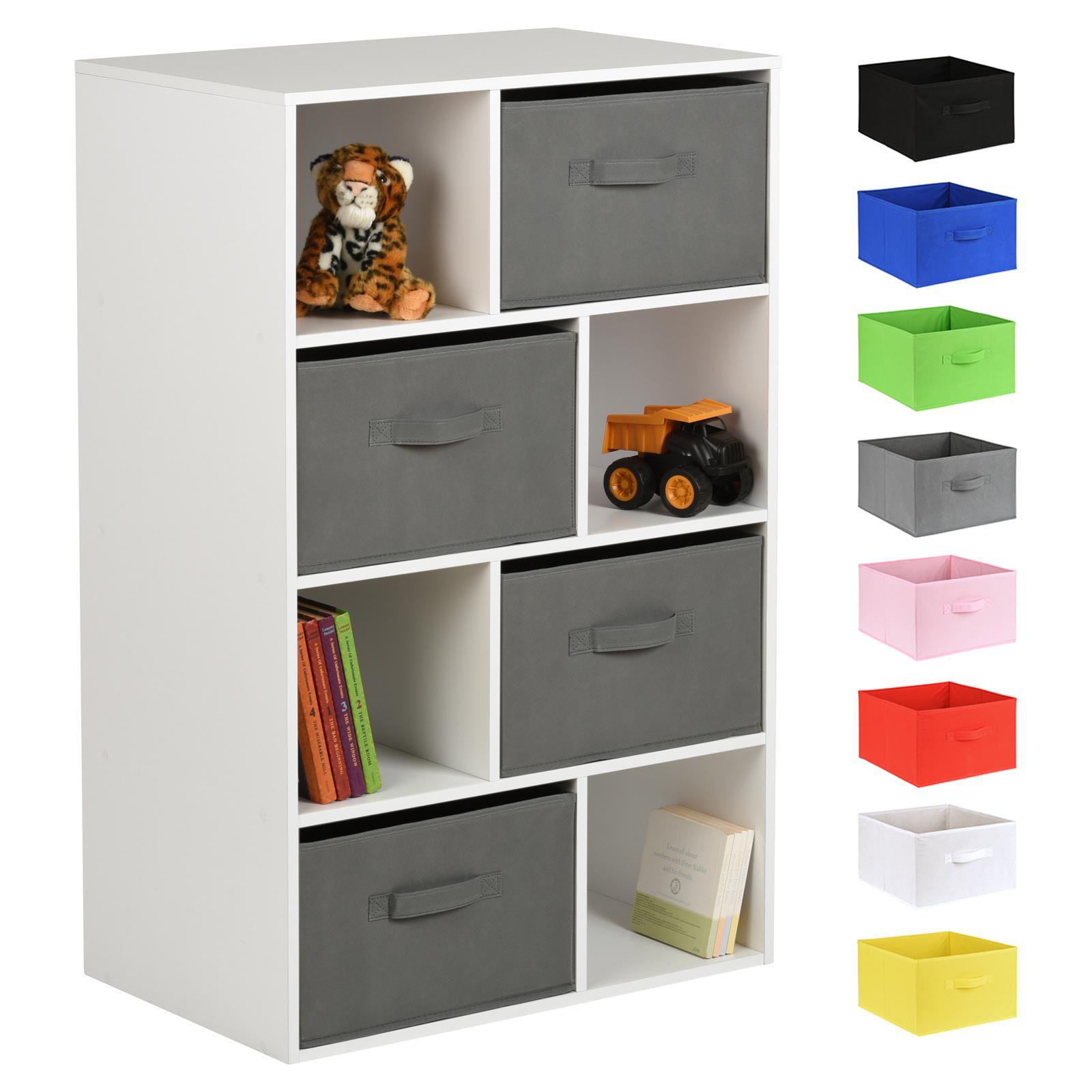 Hartleys White 8 Cube Kids Storage Unit & 4 Handled Box Drawers - Grey