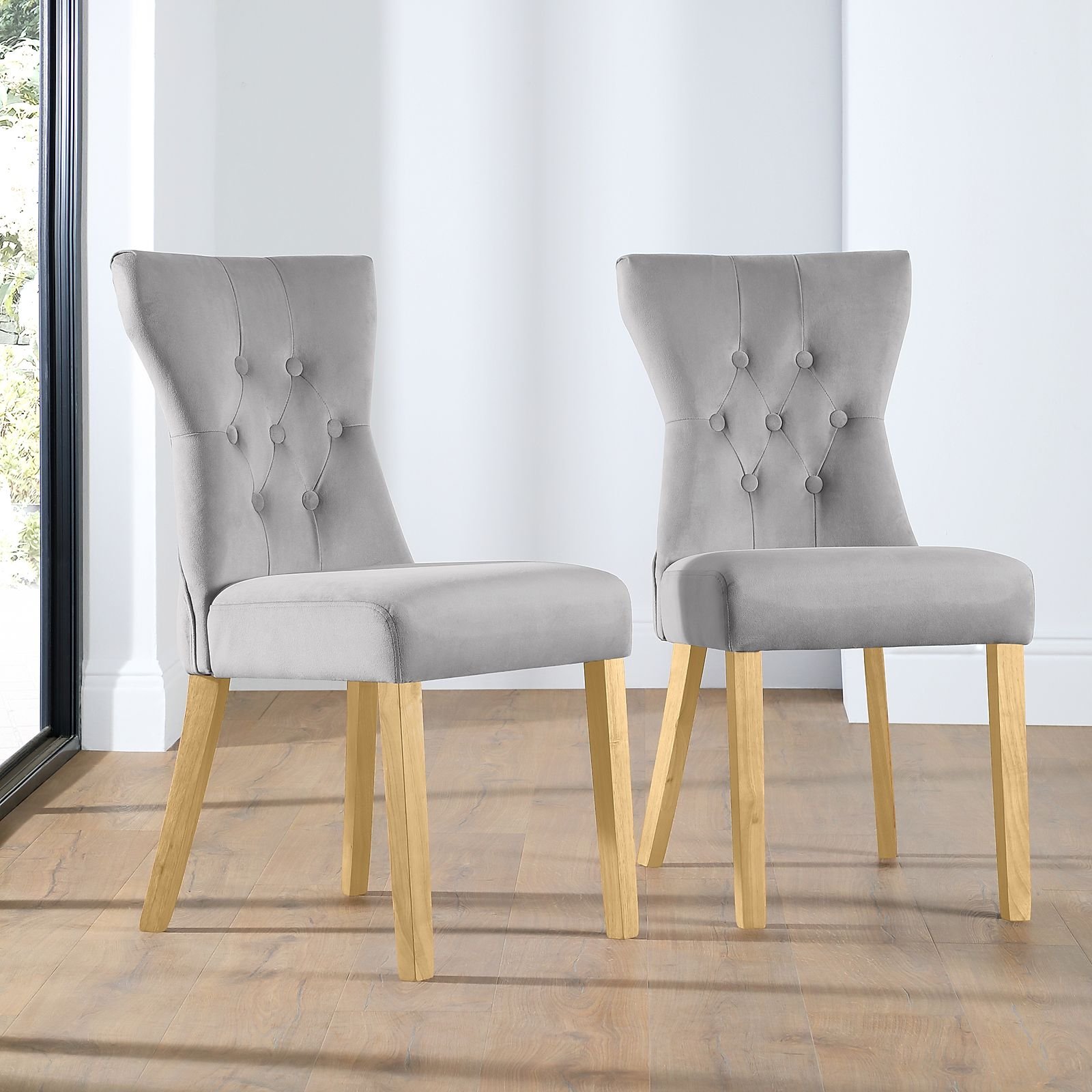 Bewley Grey Velvet Button Back Dining Chair (Oak Leg)