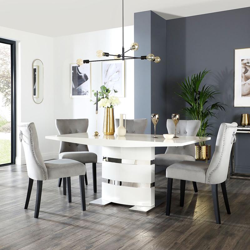 Komoro White High Gloss Dining Table with 6 Kensington Grey Velvet