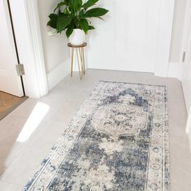 Blue Traditional Distressed Flat Low Pile Hall Runner Rug - Abella - 60cm x 240cm Runner