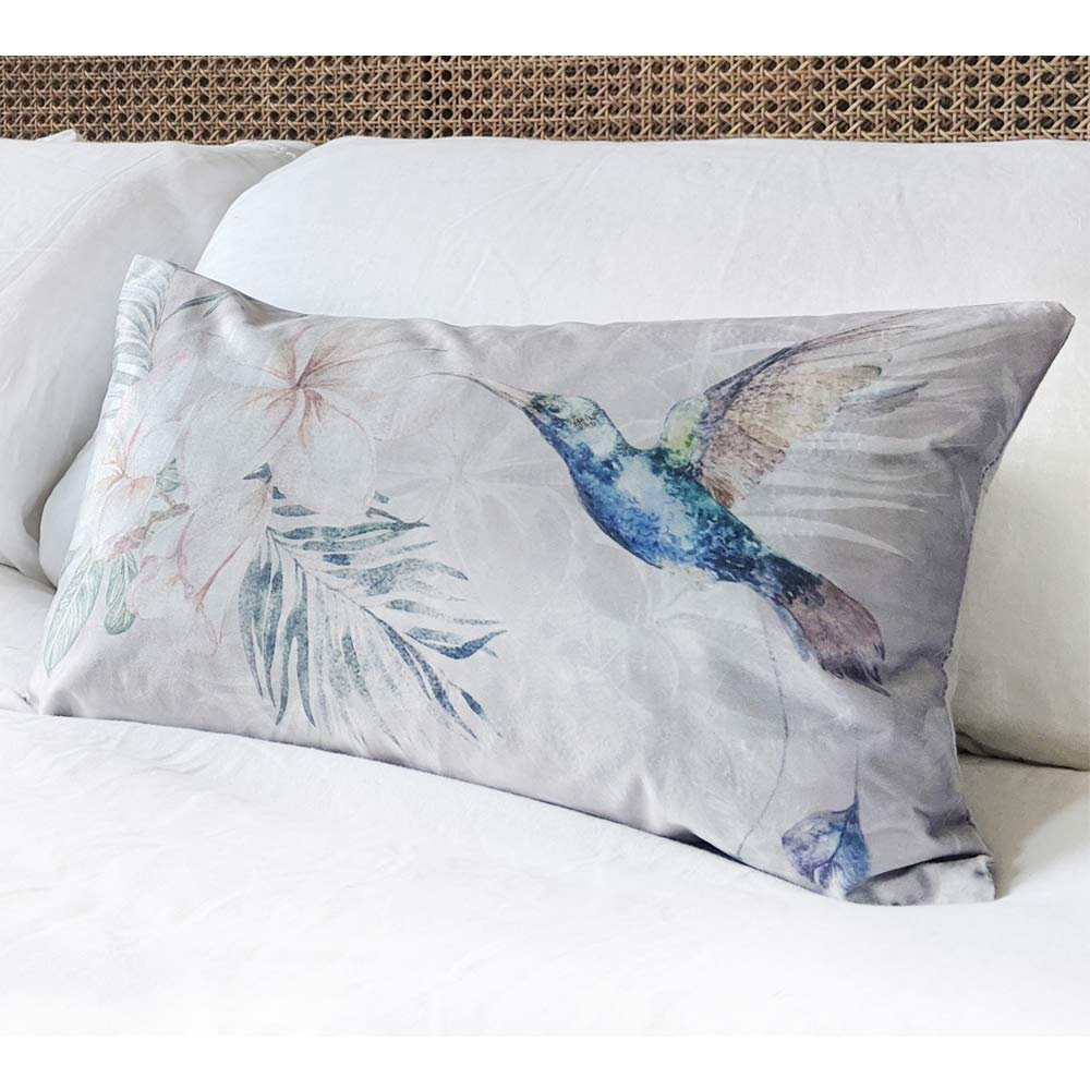 Hummingbird Boudoir Cushion - Rectangular Grey Velvet Cushion with a Hummingbird and Botanical Motif