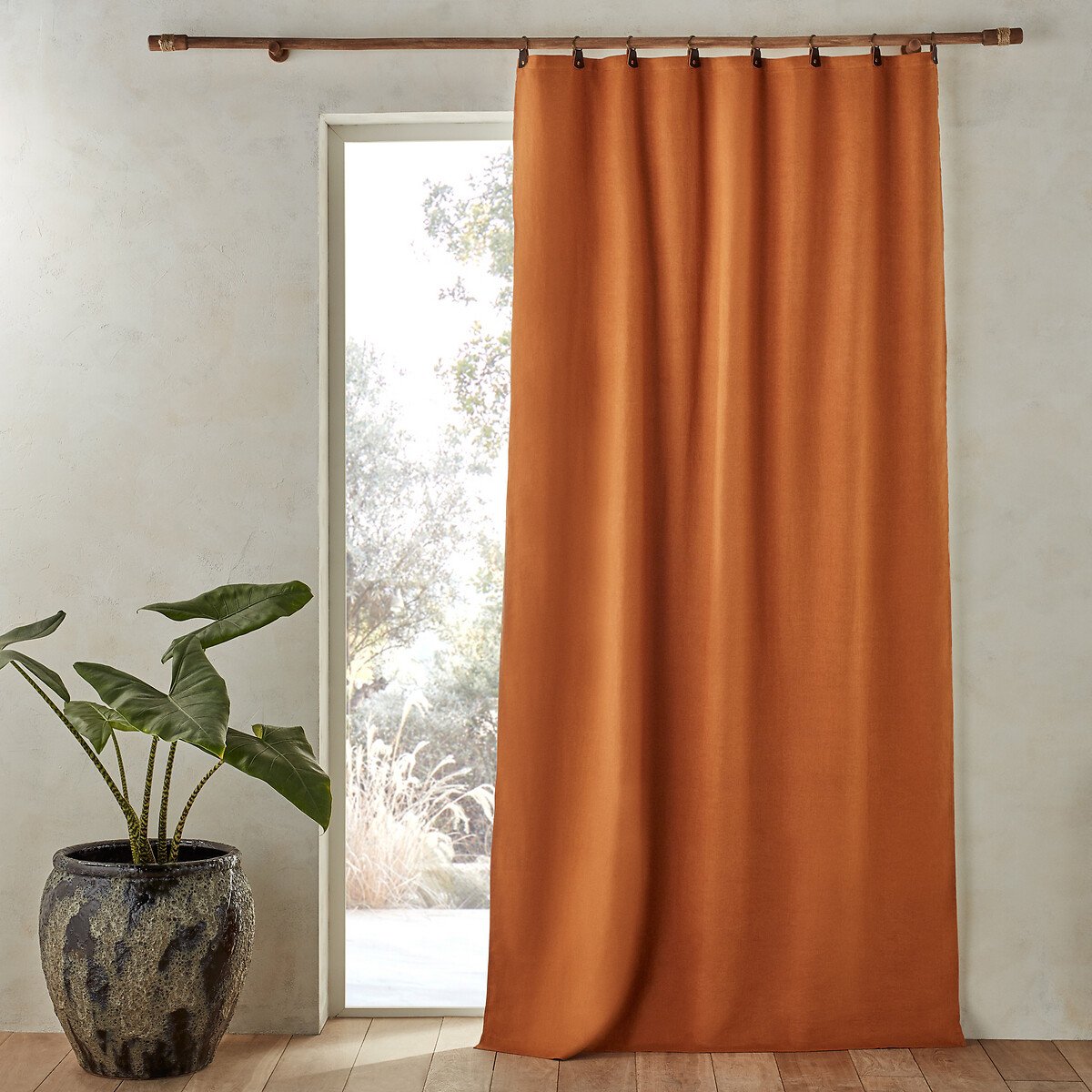 Private Single Linen Lined Blackout Curtain with Leather Tabs