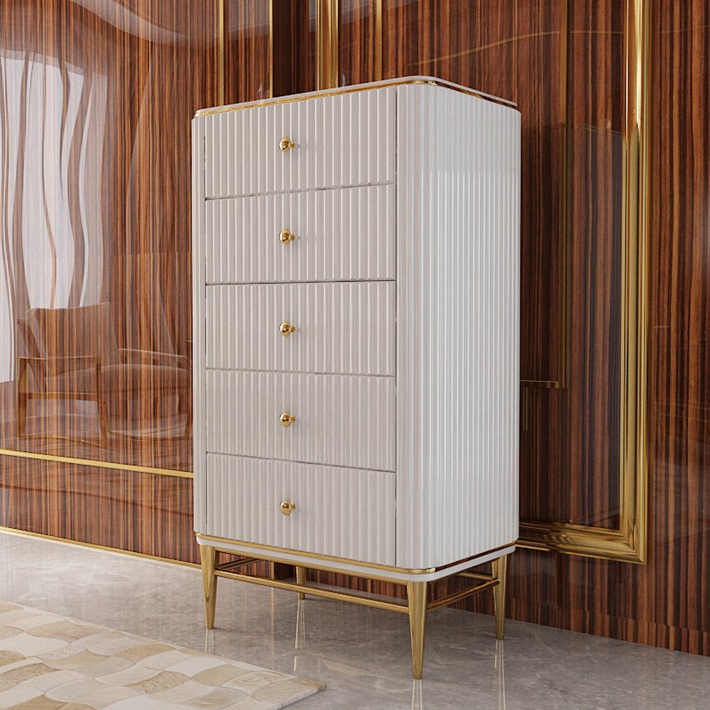 Bline 650mm Chest Light Luxurious White & Gold 5-Drawer Dresser