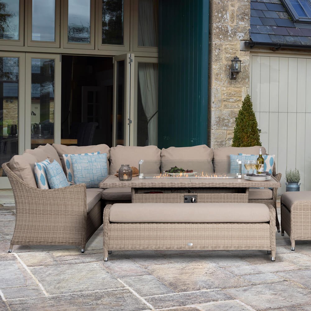 Bramblecrest Monterey Garden Sofa Set With Rectangle Fire Pit Dining Table & 2 Benches - Sandstone