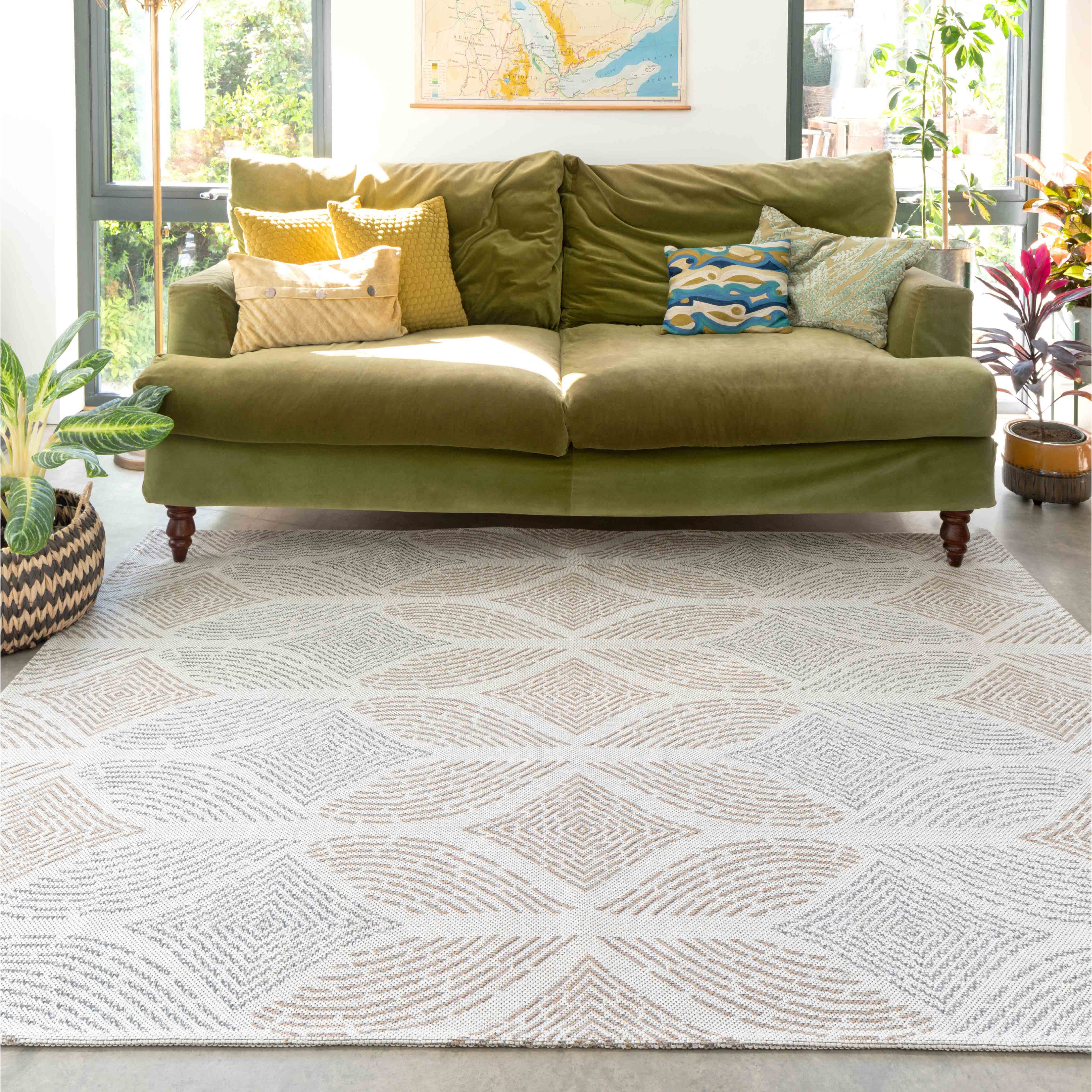 Moroccan Tile Faded Beige Woven Sustainable Recycled Cotton Rug - Kendall - 55cm x 110cm