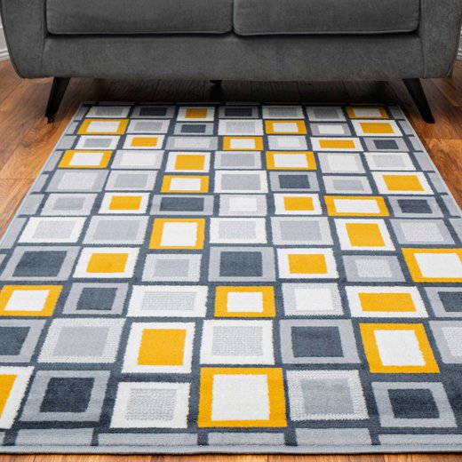 Yellow Grey Multi Squares Living Room Rug - Milan