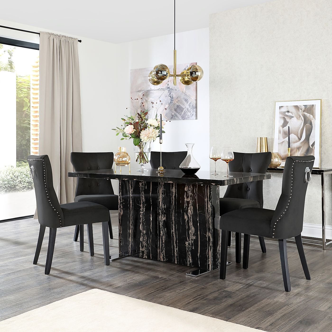 Magnus Black Marble Dining Table with 6 Kensington Black Velvet Chairs ...