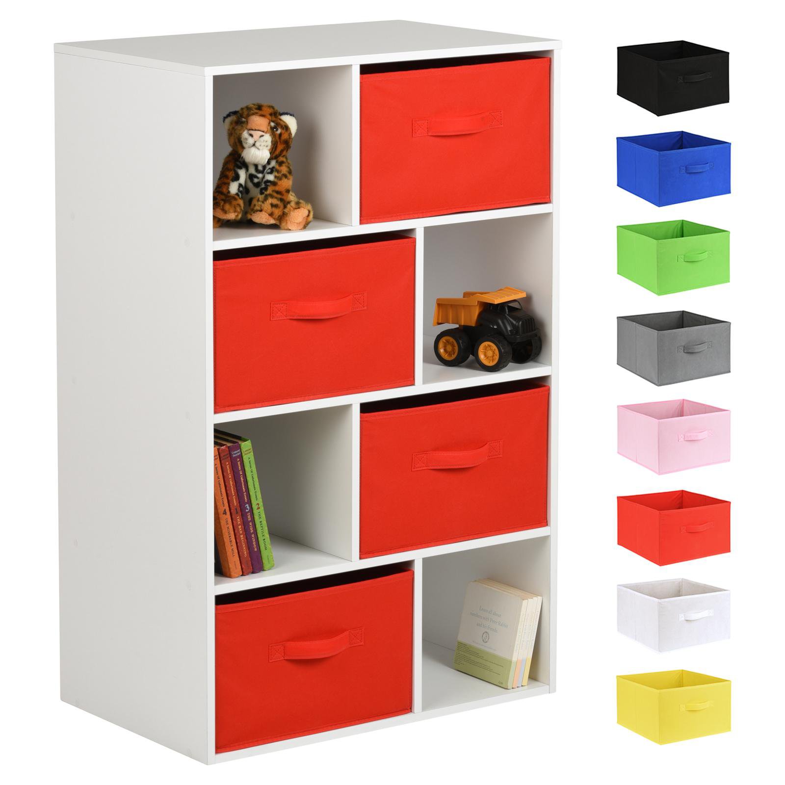 Hartleys White 8 Cube Kids Storage Unit & 4 Handled Box Drawers - Red