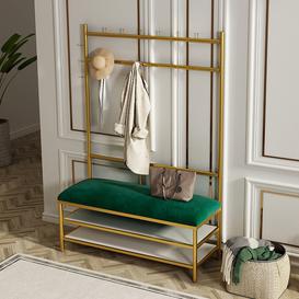 Hallway Hall Tree with Shoe Storage Bench Green Velvet Upholstered Gold Clothing Stand