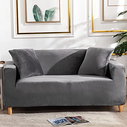 DWTECH Thick Velvet Stretch Sofa Cover 1 2 3 4 Seater, Sofa Slipcovers (2 x Free Cushion Covers) Non Slip Furniture Protector Slipcover with Elastic Bottom Soft and Durable Sofa Covers Pet Protector - Brand New