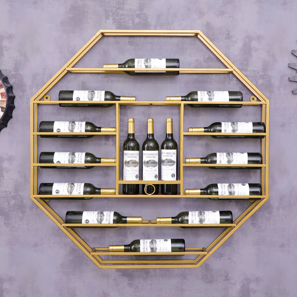 Industrial Gold Octagonal Wall Mounted Wine Stand Wine Shelf in Steel