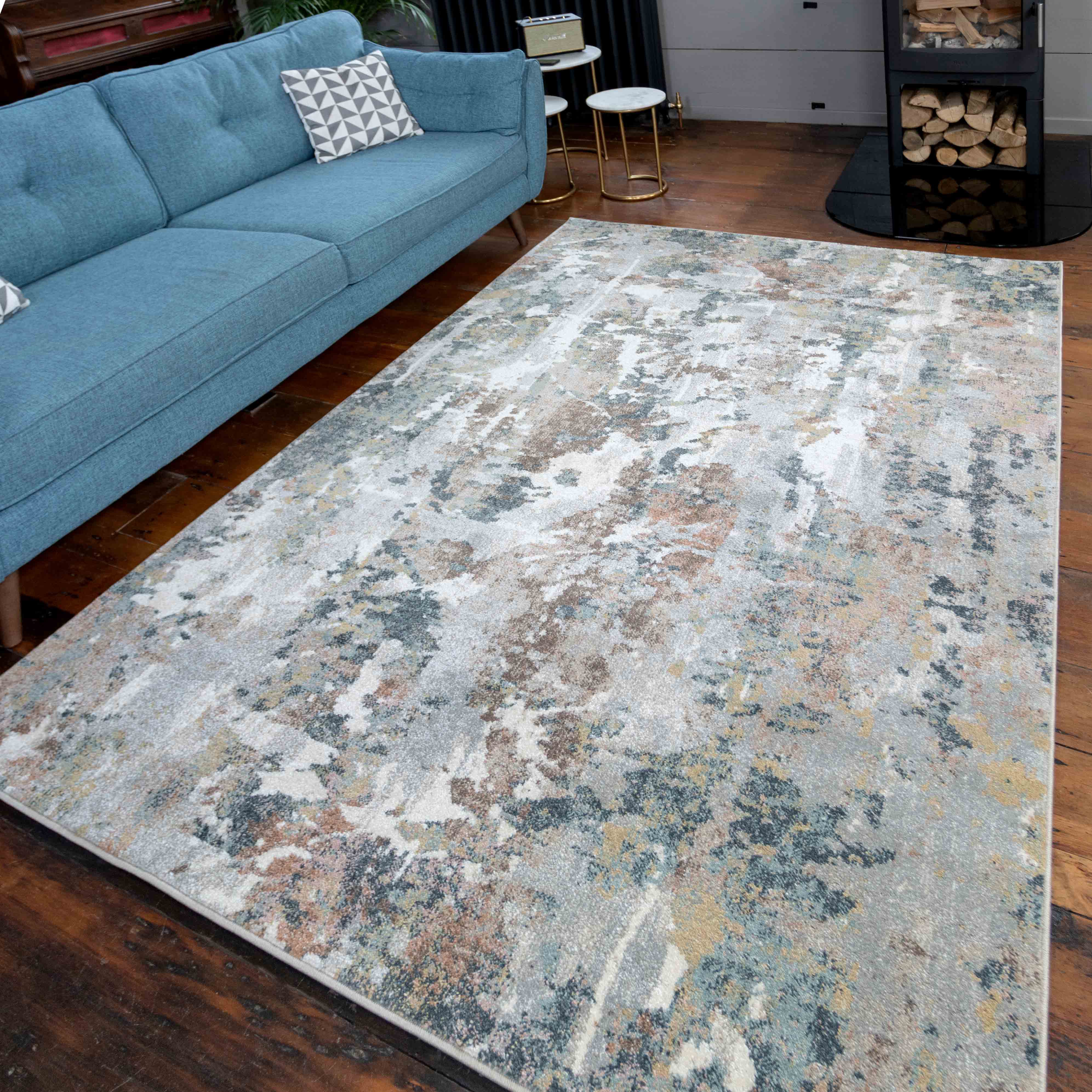 Soft Modern Blue Grey Painted Canvas Effect Rugs - Riviera