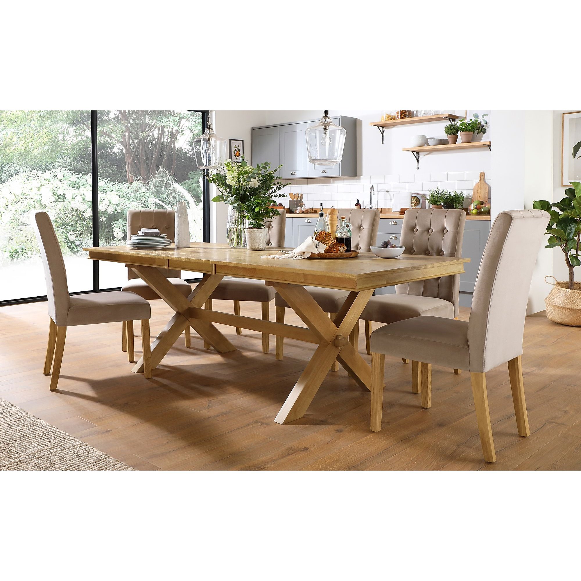 Grange Oak Extending Dining Table with 8 Regent Mink Velvet Chairs