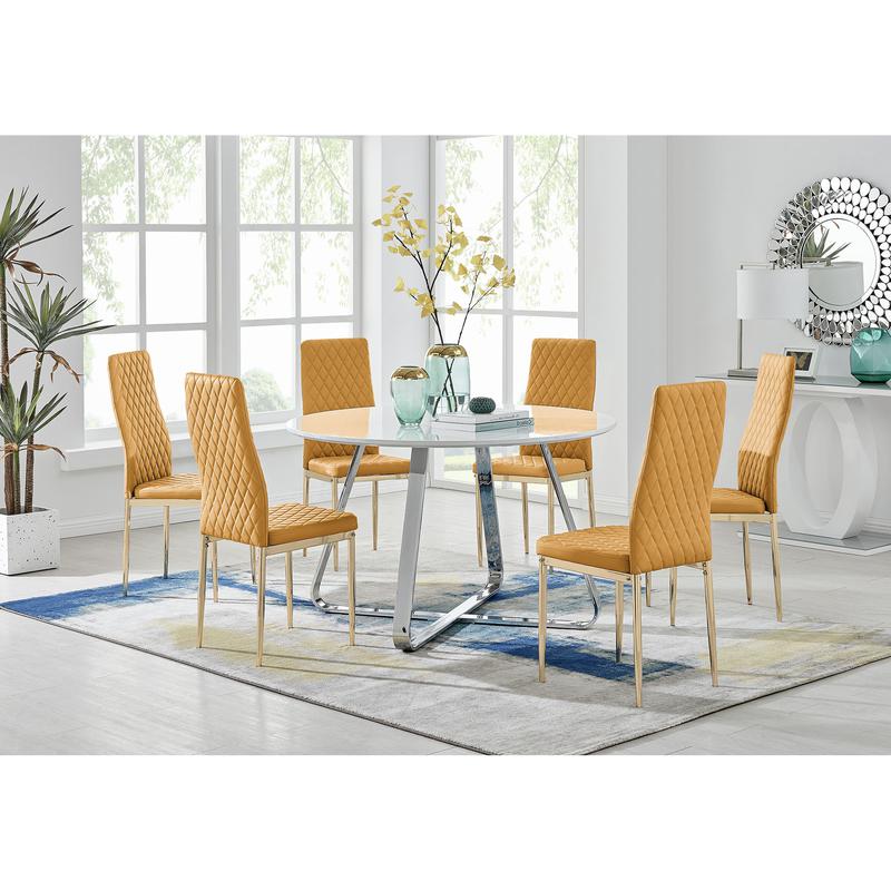 "Santorini White Round Dining Table And 6 Mustard Gold Leg Milan Chairs