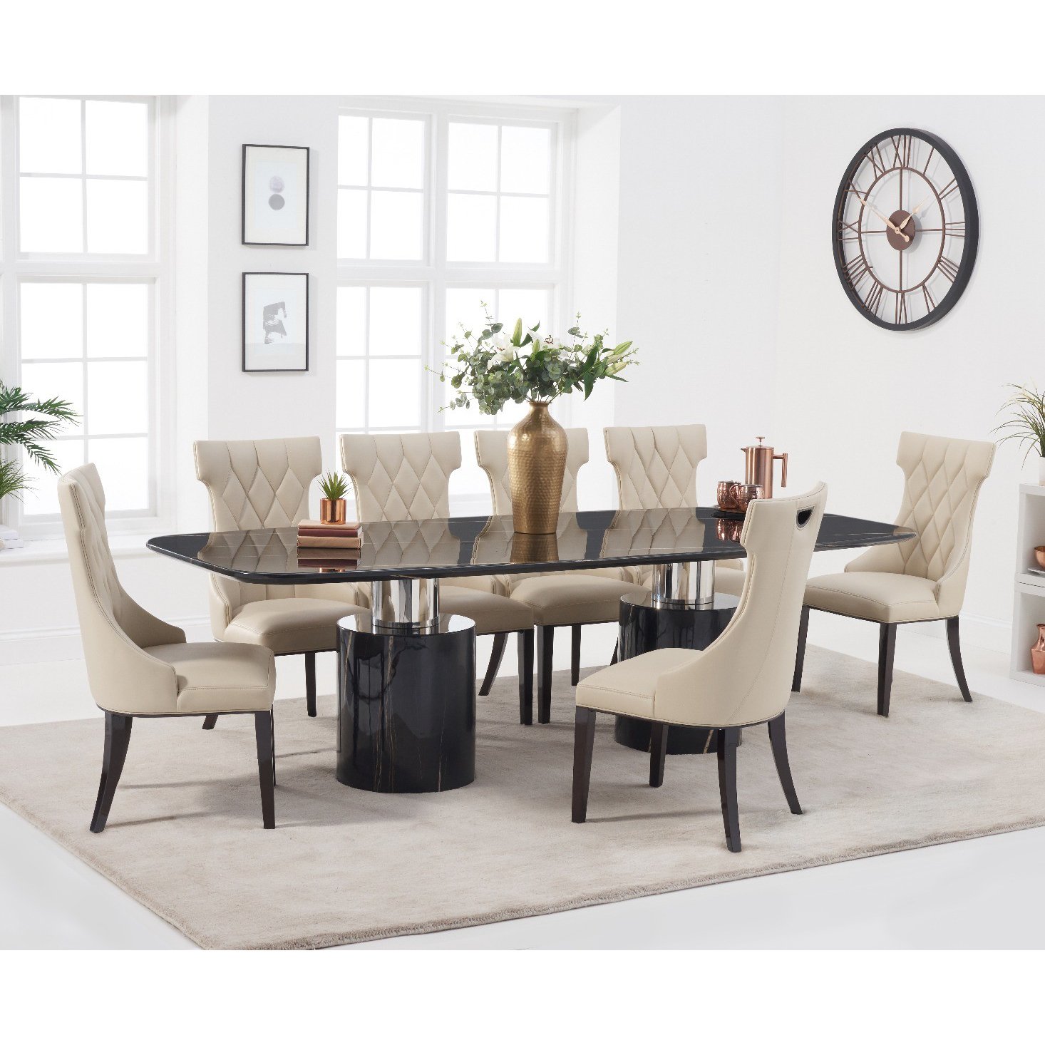 Antonio 260cm Black Marble Dining Table With 6 Grey Freya Chairs by Oak ...