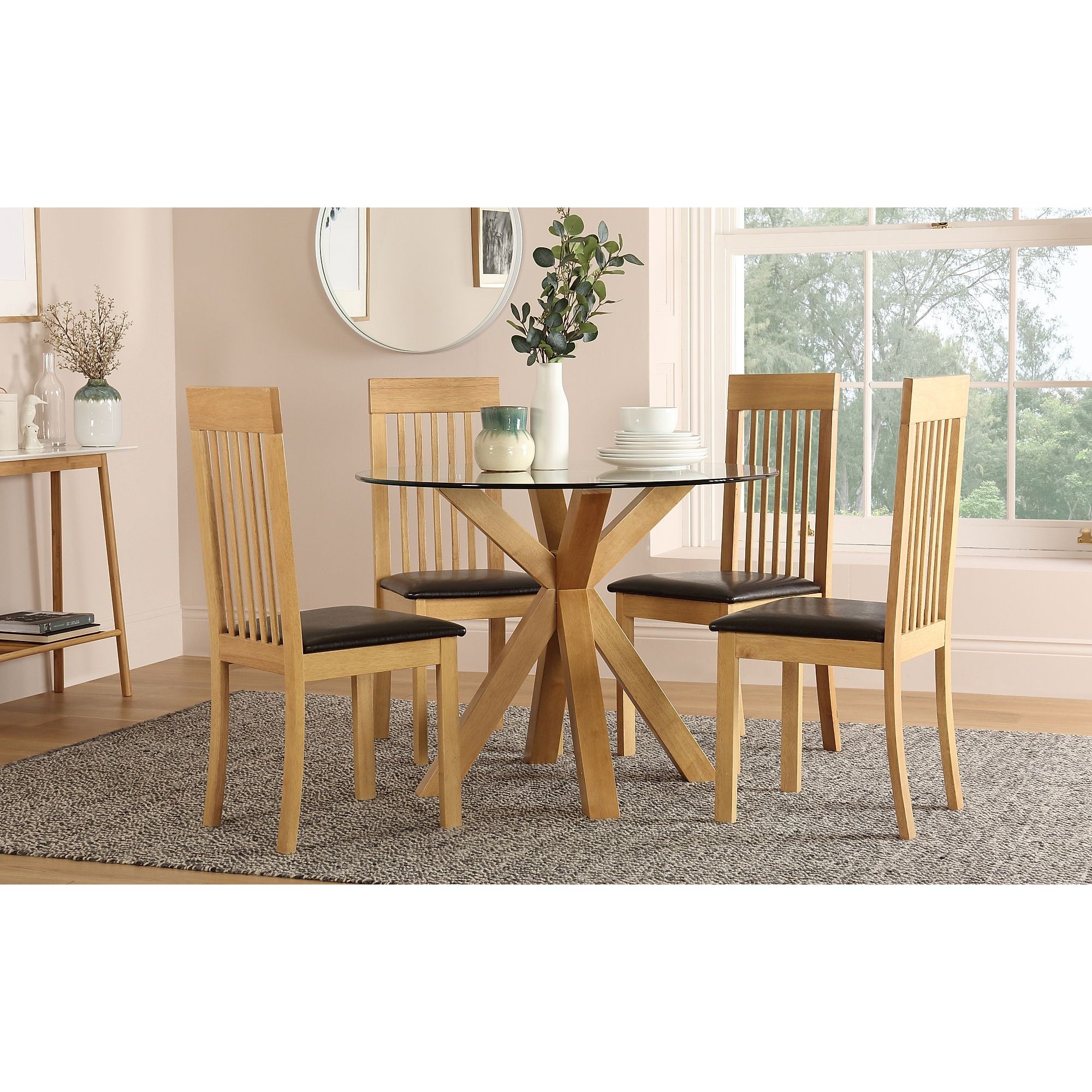 Hatton Round Oak and Glass Dining Table with 4 Oxford Chairs (Brown Leather Seat Pads)