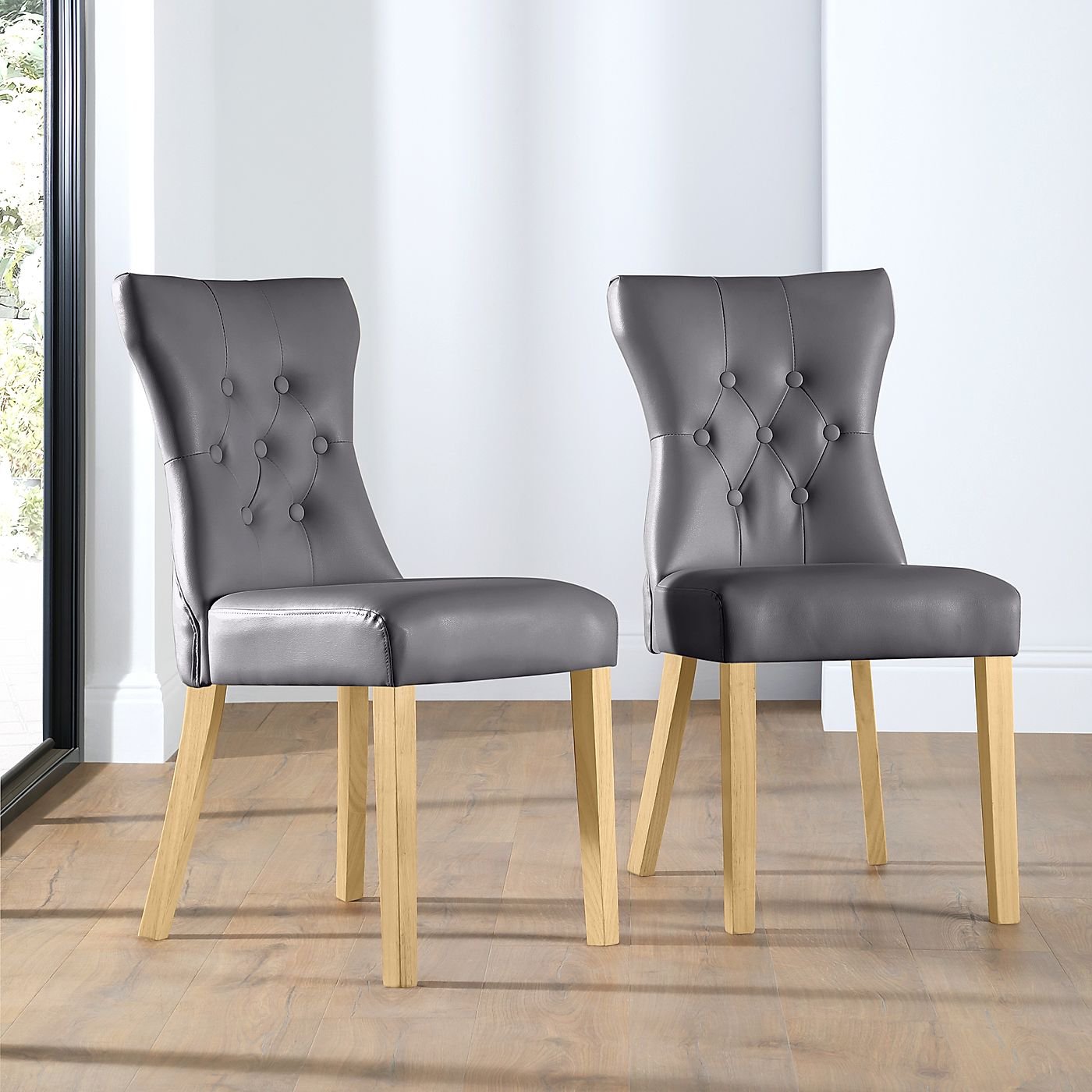Bewley Grey Leather Button Back Dining Chair (Oak Leg) by Furniture and