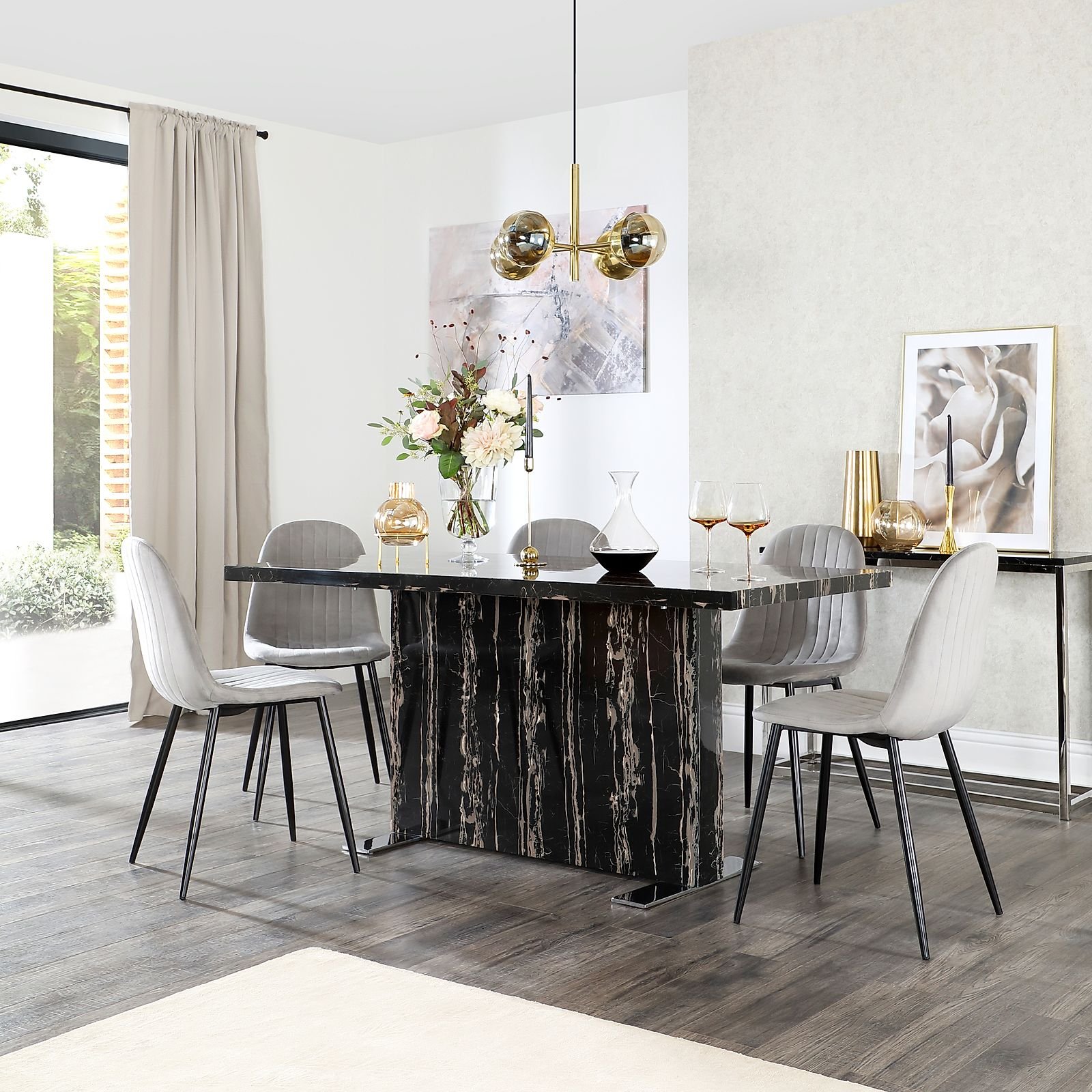 Magnus Black Marble Dining Table with 6 Brooklyn Grey Velvet Chairs by ...