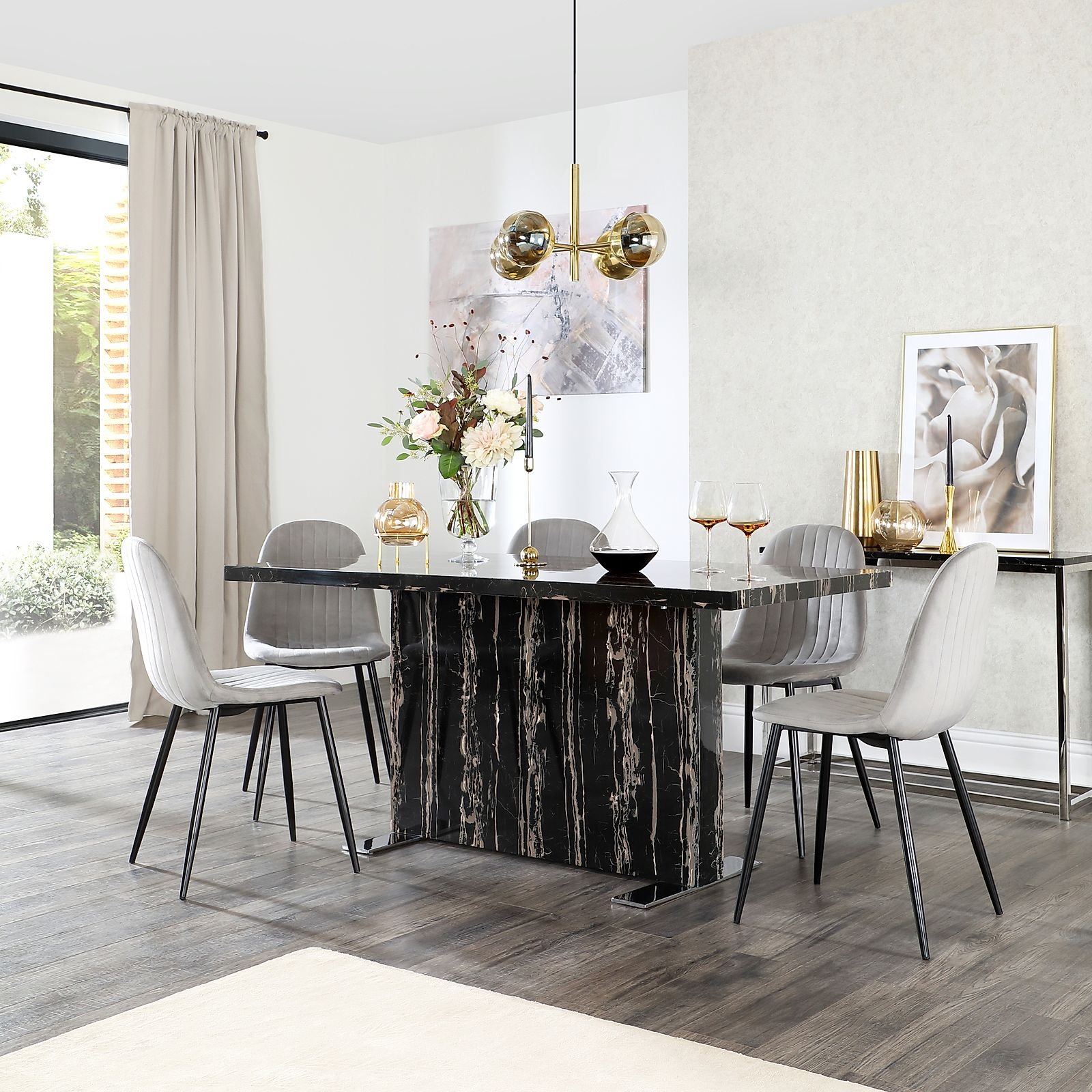 Magnus Black Marble Dining Table with 6 Brooklyn Grey Velvet Chairs